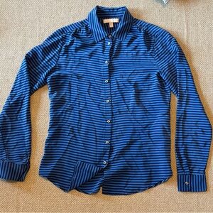 Banana Republic Silk Top Button Blouse Shirt Striped Blue Black Long Sleeve Sz S